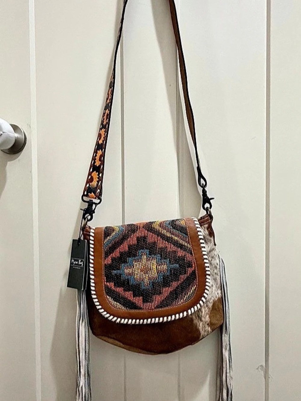 Myra Bag Bohemian Chic Leather & Hairon Bag Geometric Fringe Crossbody in Brown